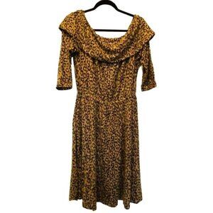 Leopard Print Off-Shoulder Mid-Length Dress With 3/4 Sleeves 10/12 Rayon Blend